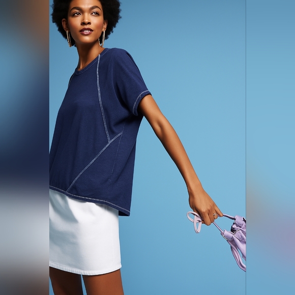 Anthropologie T.la seamed raglan Distressed Navy T-shirt Small Oversized - Picture 2 of 8